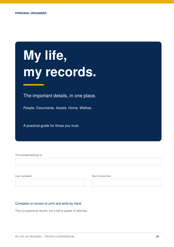 Cover of My Life, My Records personal information booklet